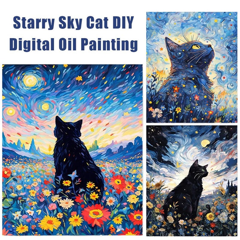 Starry Sky Cat DIY Digital Oil Painting, Abstract Paint By Number For Adults, Halloween Paint By Numbers for Gift Home Wall Decor (G4) - Image 2